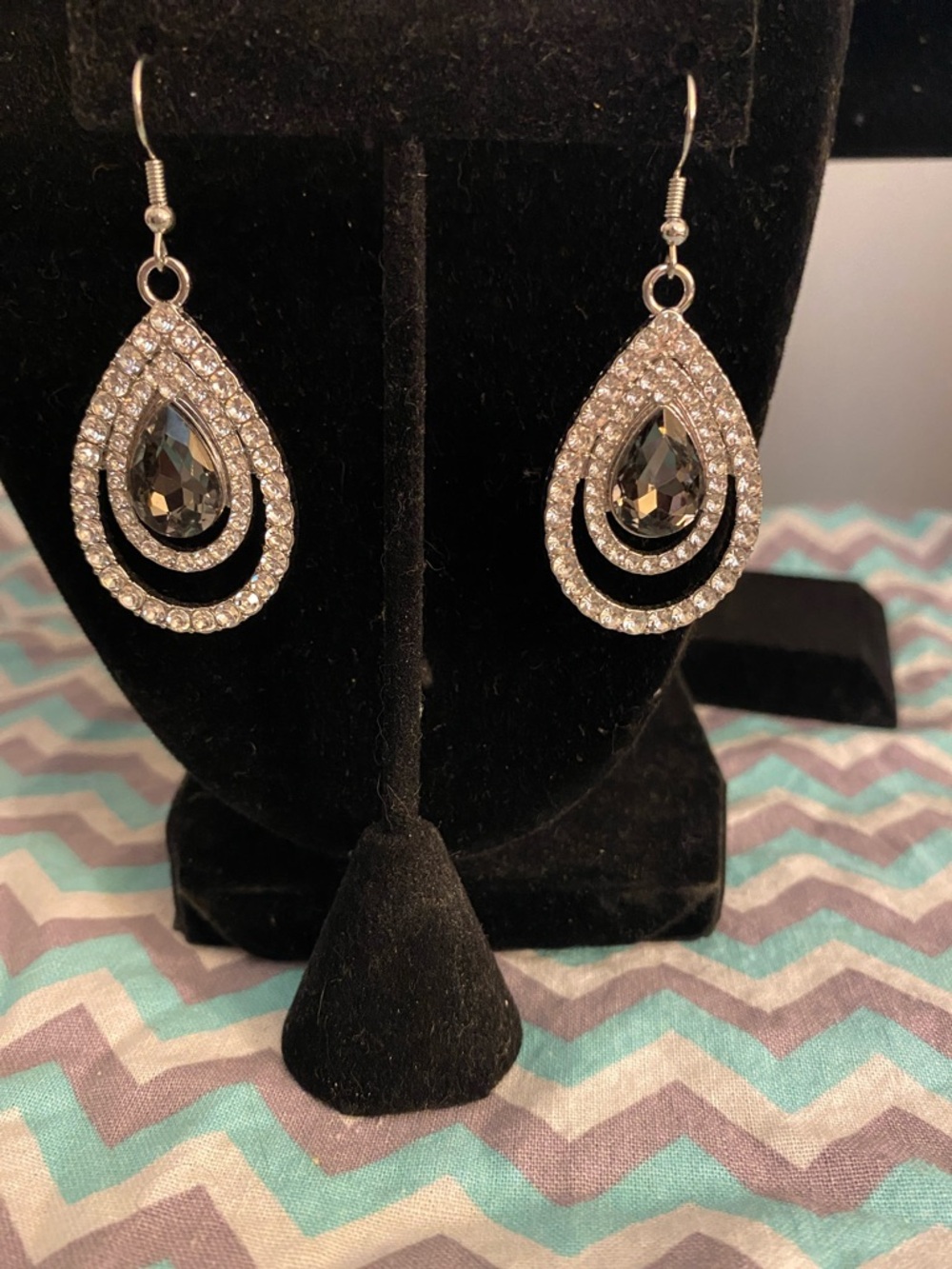 David's Bridal Silver Teardrop Earrings with Smoky Crystals